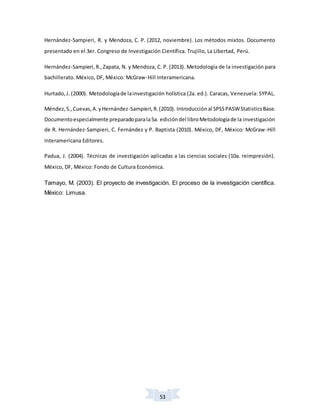 53
Hernández-Sampieri, R. y Mendoza, C. P. (2012, noviembre). Los métodos mixtos. Documento
presentado en el 3er. Congreso de Investigación Científica. Trujillo, La Libertad, Perú.
Hernández-Sampieri,R.,Zapata, N. y Mendoza, C. P. (2013). Metodología de la investigación para
bachillerato. México, DF, México: McGraw-Hill Interamericana.
Hurtado,J. (2000). Metodologíade lainvestigación holística (2a. ed.). Caracas, Venezuela: SYPAL.
Méndez,S.,Cuevas,A.yHernández-Sampieri,R.(2010). Introducciónal SPSSPASWStatisticsBase.
Documentoespecialmente preparadoparala5a. edicióndel libroMetodologíade la investigación
de R. Hernández-Sampieri, C. Fernández y P. Baptista (2010). México, DF, México: McGraw-Hill
Interamericana Editores.
Padua, J. (2004). Técnicas de investigación aplicadas a las ciencias sociales (10a. reimpresión).
México, DF, México: Fondo de Cultura Económica.
Tamayo, M. (2003). El proyecto de investigación. El proceso de la investigación científica.
México: Limusa.
 