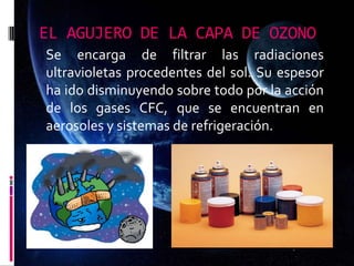 EL AGUJERO DE LA CAPA DE OZONO
Se encarga de filtrar las radiaciones
ultravioletas procedentes del sol. Su espesor
ha ido disminuyendo sobre todo por la acción
de los gases CFC, que se encuentran en
aerosoles y sistemas de refrigeración.
 