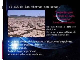 El 41% de las tierras son secas.
Causadas por:
La erosión del suelo.
Las sequías.
La sobreexplotación.
De esas tierras el 20% son
desérticas.
Cerca de 2 000 millones de
personas se asientan allí.
Esto frena el desarrollo y agrava las situaciones de pobreza.
Aumenta la mortalidad infantil.
Peores cosechas.
Falta de higiene personal.
Aumento de las enfermedades.
 