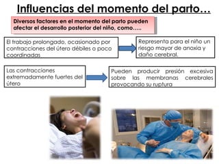 Influencias del momento del parto… El trabajo prolongado, ocasionado por contracciones del útero débiles o poco coordinadas Representa para el niño un riesgo mayor de anoxia y daño cerebral.  Las contracciones extremadamente fuertes del útero  Pueden producir presión excesiva sobre las membranas cerebrales provocando su ruptura Diversos factores en el momento del parto pueden afectar el desarrollo posterior del niño, como…..  