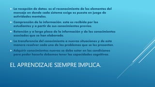 EL APRENDIZAJE SIEMPRE IMPLICA.
 La recepción de datos: es el reconocimiento de los elementos del
mensaje en donde cada sistema exige es puesta en juego de
actividades mentales.
 Comprensión de la información: esta es recibida por los
estudiantes y a partir de sus conocimientos previos.
 Retención y a largo plazo de la información y de los conocimientos
asociados que se han elaborado.
 La transferencia del conocimiento a nuevas situaciones y de esta
manera resolver cada uno de los problemas que se les presenten.
 Adquirir conocimientos nuevos se debe estar en las condiciones
para poder hacerlo debemos tener las capacidades cognitivas.
 