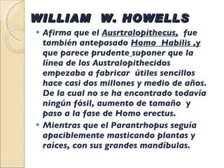 WILLIAM  W. HOWELLS Afirma que el  Ausrtralopithecus,   fue también antepasado  Homo  Habilis ,y  que parece prudente   suponer que la línea de los Australopithecidos  empezaba a fabricar  útiles sencillos hace casi dos millones y medio de años. De la cual no se ha encontrado todavía ningún fósil, aumento de tamaño  y paso a la fase de Homo erectus. Mientras que el Parantrhopus seguía apaciblemente masticando plantas y raíces, con sus grandes mandíbulas.  