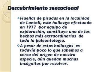 Descubrimiento sensacional  Huellas de pisadas en la localidad de Laetoli, este hallazgo efectuado en 1977  por equipo de exploración, constituye uno de los hechos más extraordinarios  de toda la paleontología. A pesar de estos hallazgos  es todavía poco lo que sabemos a cerca del origen de nuestra especie, aún quedan muchas incógnitas por resolver .  