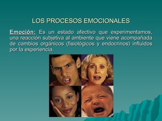 LOS PROCESOS EMOCIONALES Emoción:  Es un estado afectivo que experimentamos, una reacción subjetiva al ambiente que viene acompañada de cambios orgánicos (fisiológicos y endocrinos) influidos por la experiencia.  
