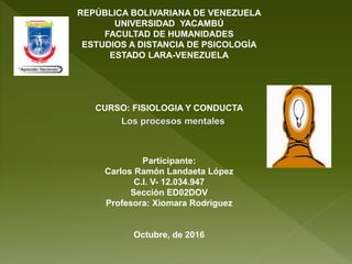 REPÚBLICA BOLIVARIANA DE VENEZUELA
UNIVERSIDAD YACAMBÚ
FACULTAD DE HUMANIDADES
ESTUDIOS A DISTANCIA DE PSICOLOGÍA
ESTADO LARA-VENEZUELA
CURSO: FISIOLOGIA Y CONDUCTA
Participante:
Carlos Ramón Landaeta López
C.I. V- 12.034.947
Sección ED02DOV
Profesora: Xiomara Rodriguez
Octubre, de 2016
 