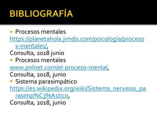  Procesos mentales
https://planetahola.jimdo.com/psicología/proceso
s-mentales/,
Consulta, 2018 junio
 Procesos mentales
www.pnlnet.com/el-proceso-mental,
Consulta, 2018, junio
 Sistema parasimpático
https://es.wikipedia.org/wiki/Sistema_nervioso_pa
rasimp%C3%A1tico,
Consulta, 2018, junio
 