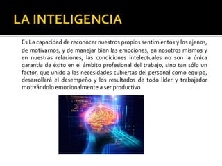Es La capacidad de reconocer nuestros propios sentimientos y los ajenos,
de motivarnos, y de manejar bien las emociones, en nosotros mismos y
en nuestras relaciones, las condiciones intelectuales no son la única
garantía de éxito en el ámbito profesional del trabajo, sino tan sólo un
factor, que unido a las necesidades cubiertas del personal como equipo,
desarrollará el desempeño y los resultados de todo líder y trabajador
motivándolo emocionalmente a ser productivo
 