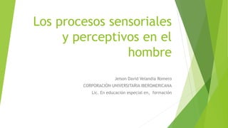 Los procesos sensoriales
y perceptivos en el
hombre
Jeison David Velandia Romero
CORPORACIÓN UNIVERSITARIA IBEROMERICANA
Lic. En educación especial en, formación
 