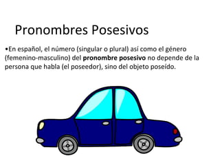 Pronombres Posesivos
•En español, el número (singular o plural) así como el género
(femenino-masculino) del pronombre posesivo no depende de la
persona que habla (el poseedor), sino del objeto poseído.
 