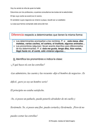 Hoy ha venido la niña de quien te hablé.
Estuvimos con los profesores, a quienes consultamos las dudas de la selectividad.
El tipo cuyo coche se averió es mi vecino.
El vendedor cuyos negocios se vinieron a pique, resultó ser un estafador.
La casa que hemos comprado está cerca del mar.
Diferencia respecto a determinantes que tienen la misma forma:
 Los determinantes acompañan a los nombres. P. e: esta mesa, diez
maletas, varios coches, mi cartera, el instituto, algunos animales…
 Los pronombres (algunos) llevan acento diacrítico para diferenciarlos
de los determinantes. P. e: ésta me gusta, tengo diez, hizo varios,
llegó hasta mí, él cantó, sólo vinieron algunos…
8. Identifica los pronombres e indica la clase:
-¿Y qué haces tú con las estrellas?
-Las administro, las cuento y las recuento -dijo el hombre de negocios-. Es
difícil, ¡pero yo soy un hombre serio!
El principito no estaba satisfecho.
-Yo, si poseo un pañuelo, puedo ponerlo alrededor de mi cuello y
llevármelo. Yo, si poseo una flor, puedo cortarla y llevármela. ¡Pero tú no
puedes cortar las estrellas!
El Principito. Antoine de Saint-Exupéry
 