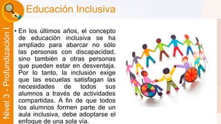 Educación Inclusiva 
Liber Orden 
Liber Orden MinEducación 
Ministerio de Educación Nacional 
Universidad 
de Córdoba 
Nivel 3 - Profundización I 
• En los últimos años, el concepto 
de educación inclusiva se ha 
ampliado para abarcar no sólo 
las personas con discapacidad, 
sino también a otras personas 
que pueden estar en desventaja. 
Por lo tanto, la inclusión exige 
que las escuelas satisfagan las 
necesidades de todos sus 
alumnos a través de actividades 
compartidas. A fin de que todos 
los alumnos formen parte de un 
aula inclusiva, debe adoptarse el 
enfoque de una sola vía. 
 