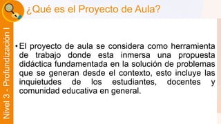 Liber Orden 
Liber Orden MinEducación 
Ministerio de Educación Nacional 
Universidad 
de Córdoba 
Nivel 3 - Profundización I 
¿Qué es el Proyecto de Aula? 
• El proyecto de aula se considera como herramienta 
de trabajo donde esta inmersa una propuesta 
didáctica fundamentada en la solución de problemas 
que se generan desde el contexto, esto incluye las 
inquietudes de los estudiantes, docentes y 
comunidad educativa en general. 
 