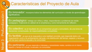 Liber Orden 
Liber Orden MinEducación 
Ministerio de Educación Nacional 
Universidad 
de Córdoba 
Nivel 3 - Profundización I 
Características del Proyecto de Aula 
Es innovador: incorpora todos los elementos del currículum a través de aprendizajes 
significativos. 
Es pedagógico: trabaja con niños y niñas, respondiendo a problemas de índole 
pedagógico, mejorando la calidad de la enseñanza y como herramienta de reflexión. 
Es colectivo: es el resultado de un compromiso grupal y comunitario, de una toma de 
decisiones consensuada, de responsabilidades compartidas. 
Es factible: ya que es la respuesta a una realidad concreta, que responde tanto a la 
organización como a la ambientación del aula, a la distribución del tiempo, espacio y recursos 
con los que cuenta la escuela y la comunidad. 
Es pertinente: ya que responde a intereses y necesidades reales, sentidos en el mismo 
espacio y tiempo en el aula, la escuela y la comunidad. 
 