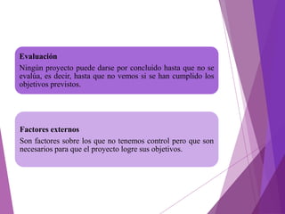 Evaluación
Ningún proyecto puede darse por concluido hasta que no se
evalúa, es decir, hasta que no vemos si se han cumplido los
objetivos previstos.
Factores externos
Son factores sobre los que no tenemos control pero que son
necesarios para que el proyecto logre sus objetivos.
 