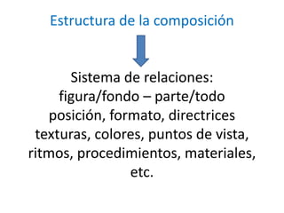 Estructura de la composición
Sistema de relaciones:
figura/fondo – parte/todo
posición, formato, directrices
texturas, colores, puntos de vista,
ritmos, procedimientos, materiales,
etc.
 