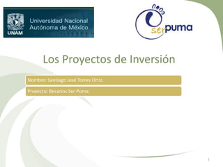 Los Proyectos de Inversión
Nombre: Santiago José Torres Ortiz.
Proyecto: Becarios Ser Puma.
1
 