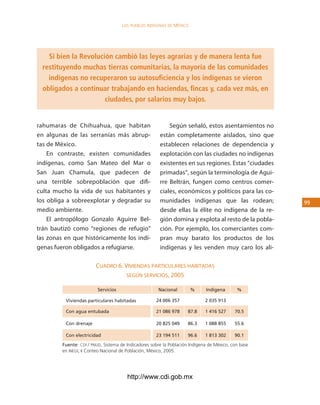 los Pueblos indígenas de México




    Si bien la Revolución cambió las leyes agrarias y de manera lenta fue
  restituyendo muchas tierras comunitarias, la mayoría de las comunidades
    indígenas no recuperaron su autosuficiencia y los indígenas se vieron
  obligados a continuar trabajando en haciendas, fincas y, cada vez más, en
                       ciudades, por salarios muy bajos.


rahumaras de Chihuahua, que habitan                         Según señaló, estos asentamientos no
en algunas de las serranías más abrup-                  están completamente aislados, sino que
tas de México.                                          establecen relaciones de dependencia y
    En contraste, existen comunidades                   explotación con las ciudades no indígenas
indígenas, como San Mateo del Mar o                     existentes en sus regiones. Estas “ciudades
San Juan Chamula, que padecen de                        primadas”, según la terminología de Agui-
una terrible sobrepoblación que difi-                   rre Beltrán, fungen como centros comer-
culta mucho la vida de sus habitantes y                 ciales, económicos y políticos para las co-
los obliga a sobreexplotar y degradar su                munidades indígenas que las rodean;           
medio ambiente.                                         desde ellas la élite no indígena de la re-
    El antropólogo Gonzalo Aguirre Bel-                 gión domina y explota al resto de la pobla-
trán bautizó como “regiones de refugio”                 ción. Por ejemplo, los comerciantes com-
las zonas en que históricamente los indí-               pran muy barato los productos de los
genas fueron obligados a refugiarse.                    indígenas y les venden muy caro los ali-

                         cuadro 6. vivieNdas particulares Habitadas
                                    segúN servicios, 2005

                          Servicios                    Nacional         %     Indígena       %

          Viviendas particulares habitadas            24 006 35              2 035 13

          Con agua entubada                           21 06      .     1 416 52     0.5

          Con drenaje                                 20 25 04     6.3     1 0 55     55.6

          Con electricidad                            23 14 511     6.6     1 13 302     0.1

         Fuente: CDI / PNUD, Sistema de Indicadores sobre la Población Indígena de México, con base
         en INEGI, ii Conteo Nacional de Población, México, 2005.




                                        http://www.cdi.gob.mx
 