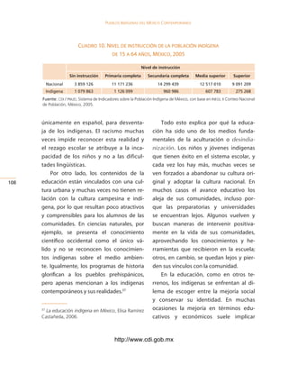 Pueblos indígenas del México conteMPoráneo




                          cuadro 10. Nivel de iNstruccióN de la poblacióN iNdígeNa
                                       de 15 a 64 años, méxico, 2005

                                                             nivel de instrucción
                      sin instrucción    primaria completa      secundaria completa        Media superior        superior
           Nacional     3 5 126           11 11 236                14 2 43              12 51 010         01 20
           Indígena     1 0 63             1 126 0                  60 6                 60 3          25 26
      Fuente: CDI / PNUD, Sistema de Indicadores sobre la Población Indígena de México, con base en INEGI, ii Conteo Nacional
      de Población, México, 2005.



      únicamente en español, para desventa-                            Todo esto explica por qué la educa-
      ja de los indígenas. El racismo muchas                       ción ha sido uno de los medios funda-
      veces impide reconocer esta realidad y                       mentales de la aculturación o desindia-
      el rezago escolar se atribuye a la inca-                     nización. Los niños y jóvenes indígenas
      pacidad de los niños y no a las dificul-                     que tienen éxito en el sistema escolar, y
      tades lingüísticas.                                          cada vez los hay más, muchas veces se
          Por otro lado, los contenidos de la                      ven forzados a abandonar su cultura ori-
10   educación están vinculados con una cul-                      ginal y adoptar la cultura nacional. En
      tura urbana y muchas veces no tienen re-                     muchos casos el avance educativo los
      lación con la cultura campesina e indí-                      aleja de sus comunidades, incluso por-
      gena, por lo que resultan poco atractivos                    que las preparatorias y universidades
      y comprensibles para los alumnos de las                      se encuentran lejos. Algunos vuelven y
      comunidades. En ciencias naturales, por                      buscan maneras de intervenir positiva-
      ejemplo, se presenta el conocimiento                         mente en la vida de sus comunidades,
      científico occidental como el único vá-                      aprovechando los conocimientos y he-
      lido y no se reconocen los conocimien-                       rramientas que recibieron en la escuela;
      tos indígenas sobre el medio ambien-                         otros, en cambio, se quedan lejos y pier-
      te. Igualmente, los programas de historia                    den sus vínculos con la comunidad.
      glorifican a los pueblos prehispánicos,                          En la educación, como en otros te-
      pero apenas mencionan a los indígenas                        rrenos, los indígenas se enfrentan al di-
      contemporáneos y sus realidades.37                           lema de escoger entre la mejoría social
                                                                   y conservar su identidad. En muchas
      37
        La educación indígena en México, Elisa Ramírez             ocasiones la mejoría en términos edu-
      Castañeda, 2006.                                             cativos y económicos suele implicar



                                              http://www.cdi.gob.mx
 