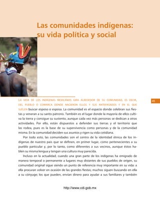 los Pueblos indígenas de México




             las comunidades indígenas:
             su vida política y social




la vida de los iNdígeNas mexicaNos gira alrededor de su comuNidad, es decir,             45
del pueblo o comarca doNde NacieroN ellos y sus aNtepasados y eN el Que
sueleN buscar esposo o esposa. La comunidad es el espacio donde celebran sus fies-
tas y veneran a su santo patrono. También es el lugar donde la mayoría de ellos culti-
va la tierra y consigue su sustento, aunque cada vez más personas se dedican a otras
actividades. Por ello, están dispuestos a defender sus tierras y el territorio que
las rodea, pues es la base de su supervivencia como personas y de la comunidad
misma. En la comunidad deciden sus asuntos y rigen su vida cotidiana.
    Por todo esto, las comunidades son el centro de la identidad étnica de los in-
dígenas de nuestro país que se definen, en primer lugar, como pertenecientes a su
pueblo particular y, por lo tanto, como diferentes a sus vecinos, aunque éstos ha-
blen su misma lengua y tengan una cultura muy parecida.
    Incluso en la actualidad, cuando una gran parte de los indígenas ha emigrado de
manera temporal o permanente a lugares muy distantes de sus pueblos de origen, su
comunidad original sigue siendo un punto de referencia muy importante en su vida: a
ella procuran volver en ocasión de las grandes fiestas; muchos siguen buscando en ella
a su cónyuge; los que pueden, envían dinero para ayudar a sus familiares y también



                                http://www.cdi.gob.mx
 