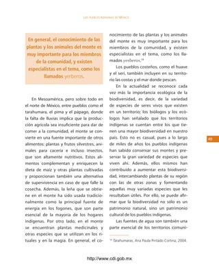 los Pueblos indígenas de México




                                                 nocimiento de las plantas y los animales
 En general, el conocimiento de las              del monte es muy importante para los
plantas y los animales del monte es              miembros de la comunidad, y existen
muy importante para los miembros                 especialistas en el tema, como los lla-
     de la comunidad, y existen                  mados yerberos.14
                                                      Los pueblos costeños, como el huave
 especialistas en el tema, como los
                                                 y el seri, también incluyen en su territo-
         llamados yerberos.
                                                 rio las costas y el mar donde pescan.
                                                      En la actualidad se reconoce cada
                                                 vez más la importancia ecológica de la
    En Mesoamérica, pero sobre todo en           biodiversidad, es decir, de la variedad
el norte de México, entre pueblos como el        de especies de seres vivos que existen
tarahumara, el pima y el pápago, donde           en un territorio; los biólogos y los ecó-
la falta de lluvias implica que la produc-       logos han señalado que los territorios
ción agrícola sea insuficiente para dar de       indígenas se cuentan entre los que tie-
comer a la comunidad, el monte se con-           nen una mayor biodiversidad en nuestro
vierte en una fuente importante de otros         país. Esto no es casual, pues a lo largo             4
alimentos: plantas y frutos silvestres, ani-     de miles de años los pueblos indígenas
males para cacería e incluso insectos,           han sabido conservar sus montes y pre-
que son altamente nutritivos. Estos ali-         servar la gran variedad de especies que
mentos complementan y enriquecen la              viven ahí. Además, ellos mismos han
dieta de maíz y otras plantas cultivadas         contribuido a aumentar esta biodiversi-
y proporcionan también una alternativa           dad, intercambiando plantas de su región
de supervivencia en caso de que falle la         con las de otras zonas y fomentando
cosecha. Además, la leña que se obtie-           aquellas muy variadas especies que les
ne en el monte ha sido usada tradicio-           resultaban útiles. Por ello, se puede afir-
nalmente como la principal fuente de             mar que la biodiversidad no sólo es un
energía en los fogones, que son parte            patrimonio natural, sino un patrimonio
esencial de la mayoría de los hogares            cultural de los pueblos indígenas.
indígenas. Por otro lado, en el monte                 Las fuentes de agua son también una
se encuentran plantas medicinales y              parte esencial de los territorios comuni-
otras especies que se utilizan en los ri-
tuales y en la magia. En general, el co-         14
                                                      Tarahumaras, Ana Paula Pintado Cortina, 2004.



                                   http://www.cdi.gob.mx
 