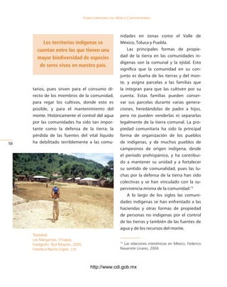 Pueblos indígenas del México conteMPoráneo




                                                            nidades en zonas como el Valle de
          Los territorios indígenas se                      México, Toluca y Puebla.
       cuentan entre los que tienen una                         Las principales formas de propie-
       mayor biodiversidad de especies                      dad de la tierra en las comunidades in-
                                                            dígenas son la comunal y la ejidal. Esto
        de seres vivos en nuestro país.
                                                            significa que la comunidad en su con-
                                                            junto es dueña de las tierras y del mon-
                                                            te, y asigna parcelas a las familias que
     tarios, pues sirven para el consumo di-                la integran para que las cultiven por su
     recto de los miembros de la comunidad,                 cuenta. Estas familias pueden conser-
     para regar los cultivos, donde esto es                 var sus parcelas durante varias genera-
     posible, y para el mantenimiento del                   ciones, heredándolas de padre a hijos,
     monte. Históricamente el control del agua              pero no pueden venderlas ni separarlas
     por las comunidades ha sido tan impor-                 legalmente de la tierra comunal. La pro-
     tante como la defensa de la tierra; la                 piedad comunitaria ha sido la principal
     pérdida de las fuentes del vital líquido               forma de organización de los pueblos
50   ha debilitado terriblemente a las comu-                de indígenas, y de muchos pueblos de
                                                            campesinos de origen indígena, desde
                                                            el periodo prehispánico, y ha contribui-
                                                            do a mantener su unidad y a fortalecer
                                                            su sentido de comunalidad, pues las lu-
                                                            chas por la defensa de la tierra han sido
                                                            colectivas y se han vinculado con la su-
                                                            pervivencia misma de la comunidad.15
                                                                A lo largo de los siglos las comuni-
                                                            dades indígenas se han enfrentado a las
                                                            haciendas y otras formas de propiedad
                                                            de personas no indígenas por el control
                                                            de las tierras y también de las fuentes de
                                                            agua y de los recursos del monte.
     Tojolabal.
     Las Margaritas, Chiapas.
     Fotógrafo: Teúl Moyrón, 2005.
                                                            15
                                                              Las relaciones interétnicas en México, Federico
     Fototeca Nacho López, cdi.                             Navarrete Linares, 2004.



                                         http://www.cdi.gob.mx
 