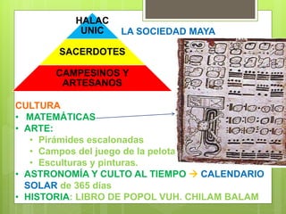 HALAC
UNIC
SACERDOTES
CAMPESINOS Y
ARTESANOS
LA SOCIEDAD MAYA
CULTURA
• MATEMÁTICAS
• ARTE:
• Pirámides escalonadas
• Campos del juego de la pelota
• Esculturas y pinturas.
• ASTRONOMÍA Y CULTO AL TIEMPO  CALENDARIO
SOLAR de 365 días
• HISTORIA: LIBRO DE POPOL VUH. CHILAM BALAM
 