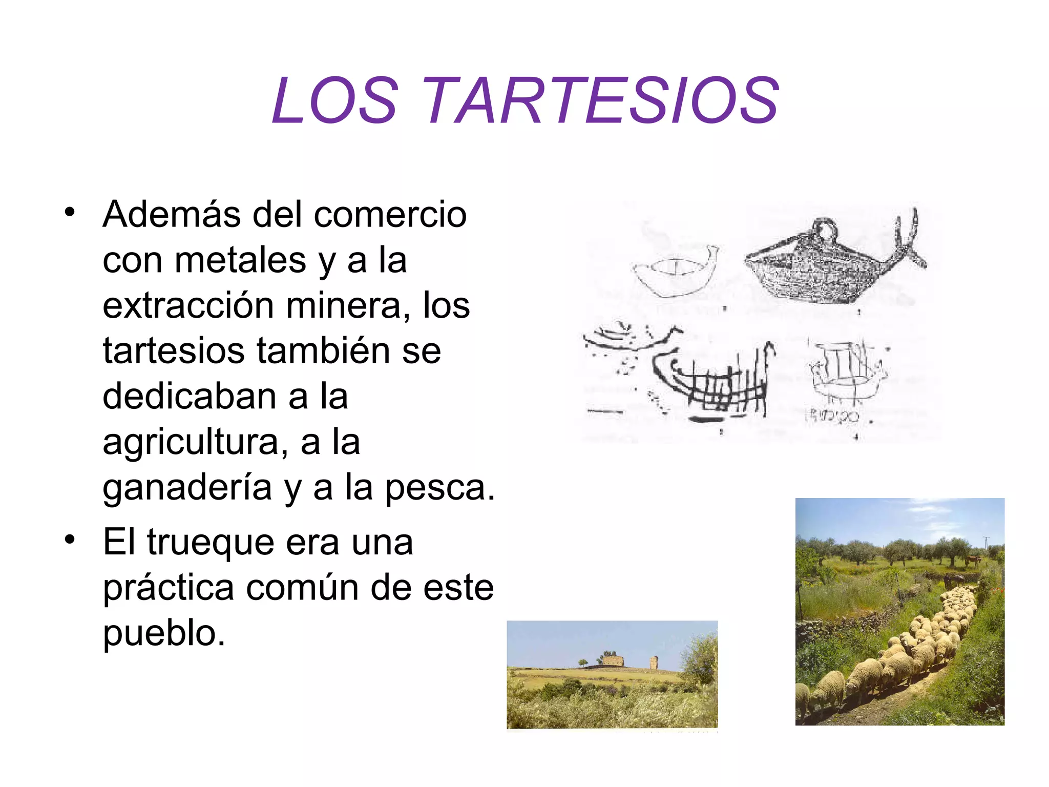 LOS TARTESIOS 
• Además del comercio 
con metales y a la 
extracción minera, los 
tartesios también se 
dedicaban a la 
agricultura, a la 
ganadería y a la pesca. 
• El trueque era una 
práctica común de este 
pueblo. 
 
