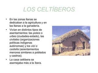 LOS CELTÍBEROS 
• En las zonas llanas se 
dedicaban a la agricultura y en 
las llanas a la ganadería. 
• Vivían en distintos tipos de 
asentamientos: las poleis o 
urbes (ciudades-estado), las 
civitates (organizaciones 
políticas indígenas 
autónomas) y los vici o 
castella (asientamientos 
menores similares a poblados 
y castros). 
• La casa celtíbera se 
asemejaba más a la íbera. 
 