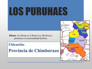 LOS PURUHAES
Ubicación:
Provincia de Chimborazo
Idioma. Su idioma es el Runa Shimi (Kichwa) y
pertenece a la nacionalidad Kichwa.
 