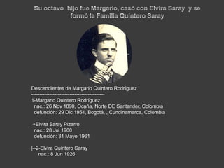 Su octavo  hijo fue Margario, casó con Elvira Saray  y se formó la Familia Quintero SarayDescendientes de Margario Quintero Rodríguez--------------------------------------------1-Margario Quintero Rodrígueznac.: 26 Nov 1890, Ocaña, Norte DE Santander, Colombia  defunción: 29 Dic 1951, Bogotá, , Cundinamarca, Colombia +Elvira Saray Pizarronac.: 28 Jul 1900  defunción: 31 Mayo 1961|--2-Elvira Quintero Saraynac.: 8 Jun 1926