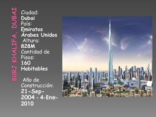 BURJ KHALIFA, DUBAI Ciudad: Dubai   País: Emiratos Árabes Unidos   Altura: 828M   Cantidad de Pisos: 160  Habitables   Año de Construcción: 21-Sep-2004 - 4-Ene-2010 