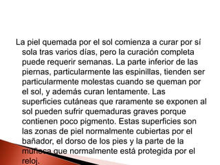 La piel quemada por el sol comienza a curar por sí sola tras varios días, pero la curación completa puede requerir semanas. La parte inferior de las piernas, particularmente las espinillas, tienden ser particularmente molestas cuando se queman por el sol, y además curan lentamente. Las superficies cutáneas que raramente se exponen al sol pueden sufrir quemaduras graves porque contienen poco pigmento. Estas superficies son las zonas de piel normalmente cubiertas por el bañador, el dorso de los pies y la parte de la muñeca que normalmente está protegida por el reloj.