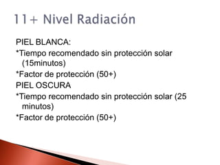 PIEL BLANCA:*Tiempo recomendado sin protección solar (15minutos)*Factor de protección (50+)PIEL OSCURA*Tiempo recomendado sin protección solar (25 minutos)*Factor de protección (50+)11+ Nivel Radiación