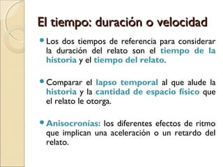El tiempo: ordenEl tiempo: orden
Tipos de analepsis o prolepsis:Tipos de analepsis o prolepsis:
Externa o heterodiegética
Interna u homodiegética
Mixta
 