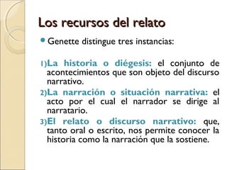Los recursos del relatoLos recursos del relato
Genette distingue tres instancias:
1)La historia o diégesis: el conjunto de
acontecimientos que son objeto del discurso
narrativo.
2)La narración o situación narrativa: el
acto por el cual el narrador se dirige al
narratario.
3)El relato o discurso narrativo: que,
tanto oral o escrito, nos permite conocer la
historia como la narración que la sostiene.
 