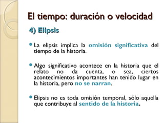 El tiempo: duración o velocidadEl tiempo: duración o velocidad
3) Resumen3) Resumen
“Otros cuarenta días tardaron de venir los avisos
de París; y, a dos que llegaron, el mercader
francés entregó los diez mil ducados a Isabela
[…]”. (Cervantes, La española inglesa)
“Año y medio era ya pasado cuando la esperanza
propincua de los dos años por Ricaredo
prometidos comenzó con más ahínco que hasta
allí a fatigar el corazón de Isabela” (Cervantes, La
española inglesa)
 