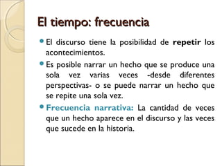 El tiempo: duración o velocidadEl tiempo: duración o velocidad
Tres tipos de elipsisTres tipos de elipsis
Explícitas
Implícitas
Hipotéticas
 