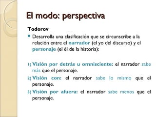 El modo: distanciaEl modo: distancia
3) Discurso reportado, citado o directo3) Discurso reportado, citado o directo
 La voz del narrador introduce las voces de los
personajes, las que le están subordinadas.
 El narrador finge cederle la palabra a los personajes,
haciendo uso o no de verbos del decir: decir,
responder, preguntar, contestar, etc.
—¿Cómo estás?
—No me quejo, ¿y vos?
—¿Cómo estás? —dijo Mario.
—No me quejo, ¿y vos? —respondió Pedro.
Mario le preguntó a Pedro:
—¿Cómo estás?
Pedro respondió de forma sintética:
—No me quejo, ¿y vos?
 