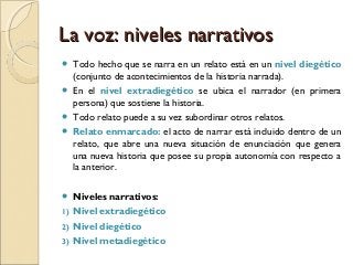 La voz: niveles narrativosLa voz: niveles narrativos
 Todo hecho que se narra en un relato está en un nivel diegético
(conjunto de acontecimientos de la historia narrada).
 En el nivel extradiegético se ubica el narrador (en primera
persona) que sostiene la historia.
 Todo relato puede a su vez subordinar otros relatos.
 Relato enmarcado: el acto de narrar está incluido dentro de un
relato, que abre una nueva situación de enunciación que genera
una nueva historia que posee su propia autonomía con respecto a
la anterior.
 Niveles narrativos:
1) Nivel extradiegético
2) Nivel diegético
3) Nivel metadiegético
 