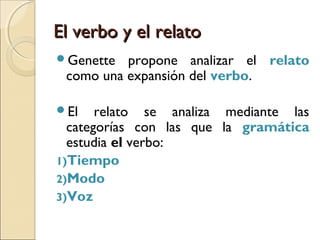 El verbo y el relatoEl verbo y el relato
Genette propone analizar el relato
como una expansión del verbo.
El relato se analiza mediante las
categorías con las que la gramática
estudia el verbo:
1)Tiempo
2)Modo
3)Voz
 
