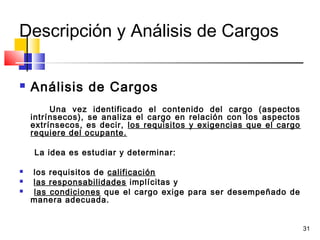 31
Descripción y Análisis de Cargos
 Análisis de Cargos
Una vez identificado el contenido del cargo (aspectos
intrínsecos), se analiza el cargo en relación con los aspectos
extrínsecos, es decir, los requisitos y exigencias que el cargo
requiere del ocupante.
La idea es estudiar y determinar:
 los requisitos de calificación
 las responsabilidades implícitas y
 las condiciones que el cargo exige para ser desempeñado de
manera adecuada.
 