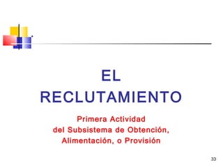 33
.
EL
RECLUTAMIENTO
Primera Actividad
del Subsistema de Obtención,
Alimentación, o Provisión
 