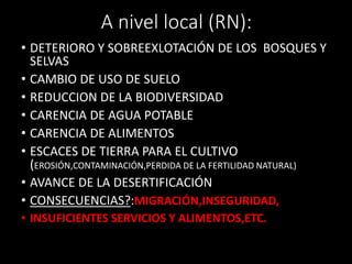 A nivel local (RN): 
• DETERIORO Y SOBREEXLOTACIÓN DE LOS BOSQUES Y 
SELVAS 
• CAMBIO DE USO DE SUELO 
• REDUCCION DE LA BIODIVERSIDAD 
• CARENCIA DE AGUA POTABLE 
• CARENCIA DE ALIMENTOS 
• ESCACES DE TIERRA PARA EL CULTIVO 
(EROSIÓN,CONTAMINACIÓN,PERDIDA DE LA FERTILIDAD NATURAL) 
• AVANCE DE LA DESERTIFICACIÓN 
• CONSECUENCIAS?:MIGRACIÓN,INSEGURIDAD, 
• INSUFICIENTES SERVICIOS Y ALIMENTOS,ETC. 
 