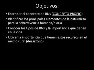 Objetivos: 
• Entender el concepto de RNs (CONCEPTO PROPIO) 
• Identificar los principales elementos de la naturaleza 
para la sobrevivencia humana/diaria 
• Conocer los tipos de RNs y la importancia que tienen 
en la vida 
• Ubicar la importancia que tienen estos recursos en el 
medio rural (desarrollo) 
 