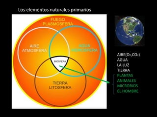 AIRE(O2,CO2) 
AGUA 
LA LUZ 
TIERRA 
PLANTAS 
ANIMALES 
MICROBIOS 
EL HOMBRE 
Los elementos naturales primarios 
 