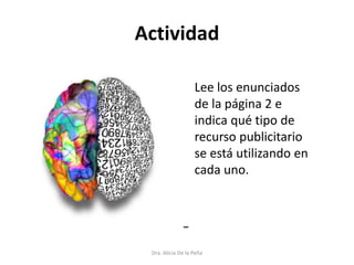 Actividad
Dra. Alicia De la Peña
Lee los enunciados
de la página 2 e
indica qué tipo de
recurso publicitario
se está utilizando en
cada uno.
 