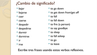 ¿Cambio de significado?
 bajar
 bajarse
 caer
 caerse
 despedir
 despedirse
 dormir
 dormirse
 ir
 irse
 to go down
 to get down from/get off
 to fall
 to fall down
 to fire (a person)
 to say goodbye
 to sleep
 to fall asleep
 to go
 to leave
Escribe tres frases usando estos verbos reflexivos.
 