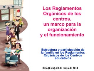 Los Reglamentos Orgánicos de los centros, un marco para la organización y el funcionamiento Estructura y participación de la familia en los Reglamentos Orgánicos de los Centros educativos Rota (Cádiz), 28 de mayo de 2011 