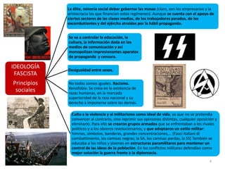 4
IDEOLOGÍA
FASCISTA
Principios
sociales
La élite, minoría social deber gobernar las masas (claro, son los empresarios y la
aristocracia los que financian estos regímenes). Aunque se cuenta con el apoyo de
ciertos sectores de las clases medias, de los trabajadores parados, de los
excombatientes y del ejército atraídos por la hábil propaganda.
Se va a controlar la educación, la
cultura, la información dada en los
medios de comunicación y así
monopolizan impresionantes aparatos
de propaganda y censura.
Desigualdad entre sexos.
No todos somos iguales. Racismo.
Xenofobia. Se creía en la existencia de
razas humanas, en la marcada
superioridad de la raza nacional y su
derecho a imponerse sobre las demás.
Culto a la violencia y al militarismo como ideal de vida, ya que no se pretendía
convencer al contrario, sino reprimir sus opiniones distintas, cualquier oposición y
eliminarlo. Para ello se crearon grupos armados que se enfrentaban a los rivales
políticos y a los obreros revolucionarios, y que adoptaron un estilo militar:
himnos, símbolos, banderas, grandes concentraciones,… (Fasci italiani di
combattimento, los camisas negras; la SA, los camisas pardas, la SS) También se
educaba a los niños y jóvenes en estructuras paramilitares para mantener un
control de las ideas de la población. En los conflictos militares defendían como
mejor solución la guerra frente a la diplomacia.
 
