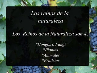 Los reinos de la
naturaleza
Los Reinos de la Naturaleza son 4:
*Hongos o Fungi
*Plantas
*Animales
*Protistas
 